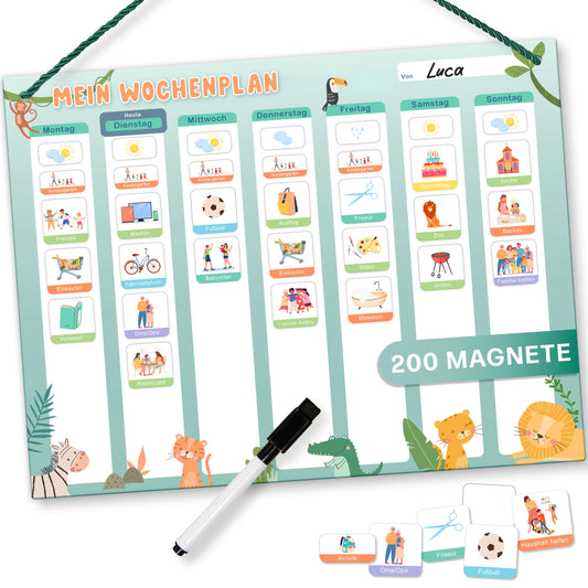 Mini Mindz® weekly planner for children - Montessori magnetic board in cute design including 200 magnets & marker - educational games for ages 3 and up - kids' calendar - kids' weekly planner - kids' magnetic board