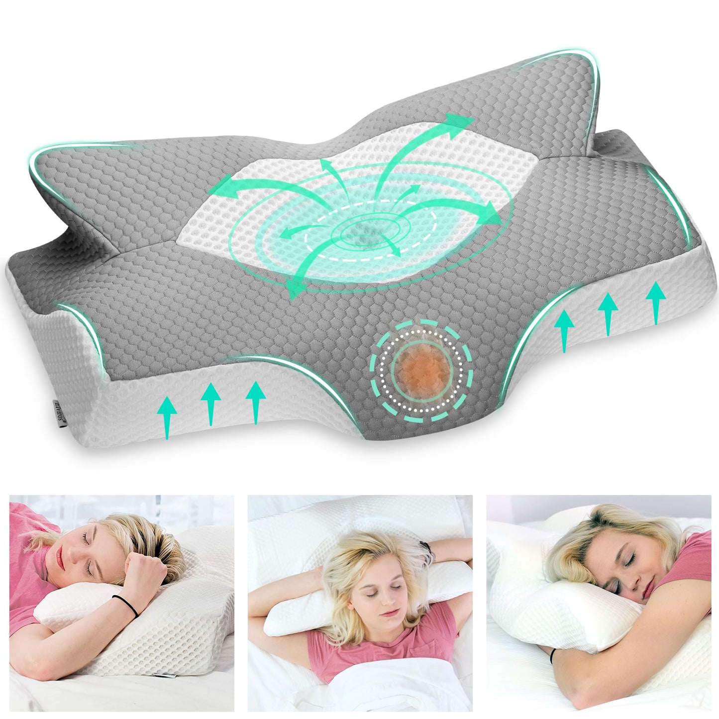 Elviros Orthopedic Memory Foam Pillow, Side Sleeper Pillow Neck Support Pillow, Pillow Neck Pain, Ergonomic Sleep Pillow for Neck and Shoulder Pain, 54x11/9x33cm, Gray