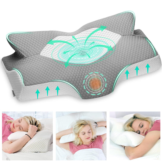 Elviros Orthopedic Memory Foam Pillow, Side Sleeper Pillow Neck Support Pillow, Pillow Neck Pain, Ergonomic Sleep Pillow for Neck and Shoulder Pain, 54x11/9x33cm, Gray