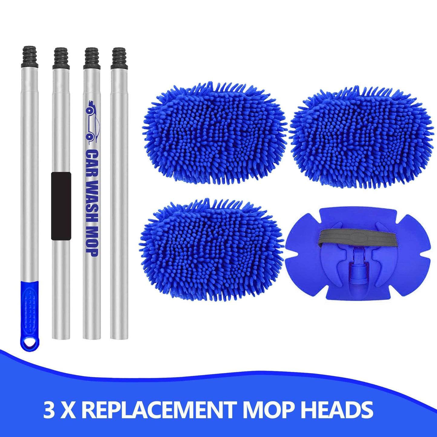 160cm 63" car wash brush with telescopic handle. Brush for motorhome, caravan, truck. Microfiber cleaning brush for car. 2 in 1 anti-scratch telescopic brush. Car brush cleaning set includes 3 replacement mop heads.