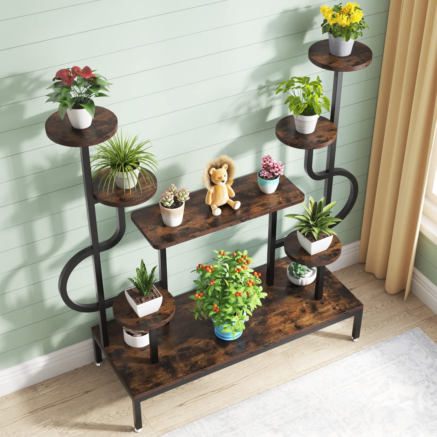 Tribesigns 5-tier metal plant stand for indoor and outdoor use. Multi-level flower stand flower ladder plant ladder wood pot holder for living room balcony (Rustic Brown)