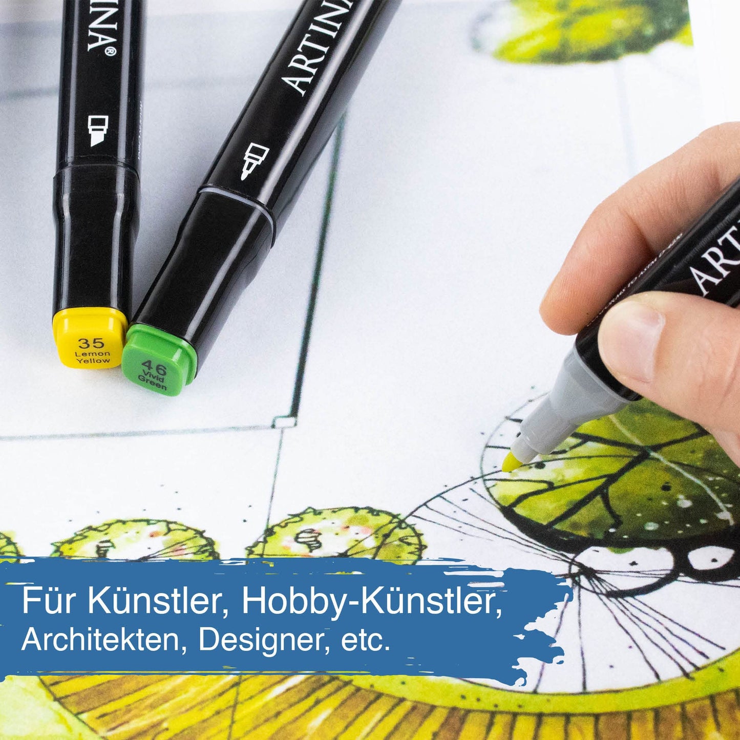 Artina 80pc Marker Set Markilo MD with 3mm & 6mm tips - waterproof permanent markers with intense & highly pigmented colors, felt tip set with 2 tips for scrapbooking, bullet journaling, manga.