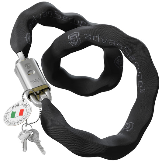 advanSecure® high-security chain lock | ideal for e-bikes and motorcycles | max. security level | 120 cm length, 10 mm chain links | hardened special steel | removable lock body protection