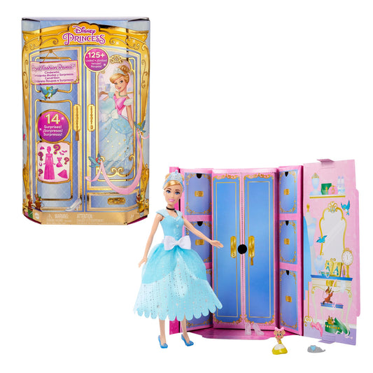 Mattel Disney Princess toy, Cinderella fashion doll with friend figure and 12 secret fashion and accessory pieces, inspired by the Disney film, gifts for kids, JCR96.