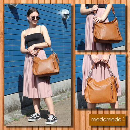modamoda de T183 women's shoulder bag handbag tote bag real leather large handmade in Italy, color: leaf green