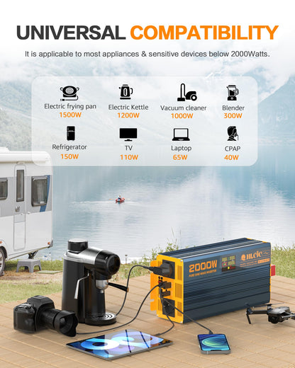 2000 Watt inverter 12V to 230V Pure sine wave power inverter with LCD display 1 Type-C PD60W 3 USB-A QC3.0 fast charging ports 2 EU outlets 2 remote controls for solar system camper truck car