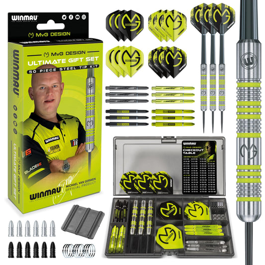 WINMAU - Professional Player - Michael Van Gerwen MvG Gift Set - 20g Steel Tip Darts - 50 Piece Pro Darts Set - Includes 4 x Stems, 4 x Flights, and accessories