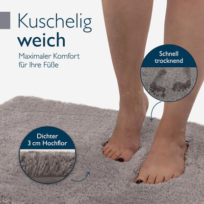 Beautissu bath mat non-slip 120x70 cm - shower rug high pile bath mat non-slip washable shaggy look - fluffy bath rug shower bathroom mat large - gray bath mat BeauMare FL