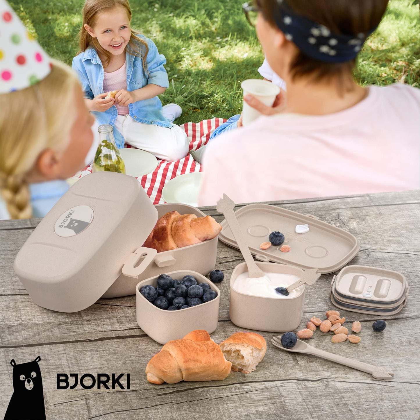 BJORKI® Bento Box for kids with BONUS name stickers - Leakproof lunchbox with compartments - Sustainable lunch box for kindergarten & school - Perfect for on-the-go snacking. (Pastel Beige)