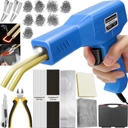 220W plastic welder 2 in 1 bumper repair kit plastic welding with 800PCS hot staples, 2 thermal smoothing head, 40PCS plastic welding rods, plastic repair kit auto (Blue)