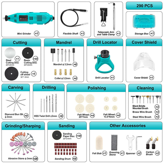 GOXAWEE 130W Rotary Tool, 6 Variable Speed 8000-30000 RPM, Multitool Set with 288 Accessories for Cutting, Grinding, Engraving, Polishing, Cleaning, Carving.