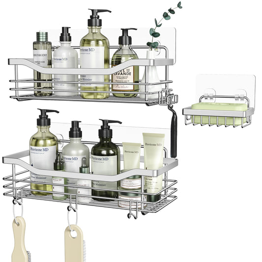 Orimade shower caddy without drilling with soap dish and 5 hooks - shower shelf for the shower bathroom, kitchen shelf organizer soap dish - adhesive shower caddy without drilling - stainless steel - 3 pack