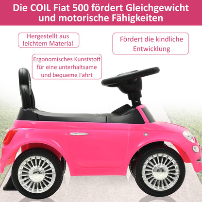 COIL FIAT 500 - Officially Licensed car with storage compartment under the seat, push and pull handle, various sounds -Bobby Car push handle -Bobby Car steering wheel -Toddler ride-on car (pink)