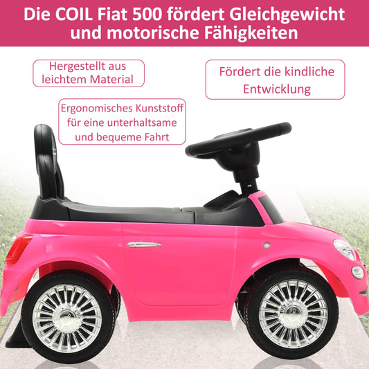 COIL FIAT 500 - Officially Licensed car with storage compartment under the seat, push and pull handle, various sounds -Bobby Car push handle -Bobby Car steering wheel -Toddler ride-on car (pink)