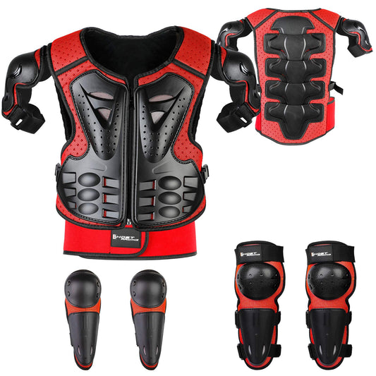 JUSTDOLIFE Motorcycle Protective Jacket, Kids Motorcycle Armor with Knee Pads Elbow Pads Chest Protector Racing for Outdoor Sports - 4/6/8/10/12/14 Years (Red)