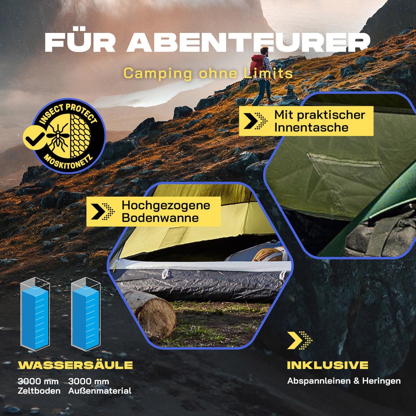Lumaland Pop Up Camping Tent | 2-3 Person Dome Tent 215 x 195 x 120 cm | 4 Season Igloo Tent | Outdoor Trekking & Festival Pop-Up Tent | Lightweight, Waterproof & Durable [Green]