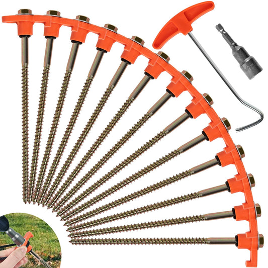 DHGKVK 12x tent pegs, swivel tent pegs with thread, rock ground stakes for camping, with adapter for power drill, with nail puller, strong steel pegs for camping and outdoor (orange color)