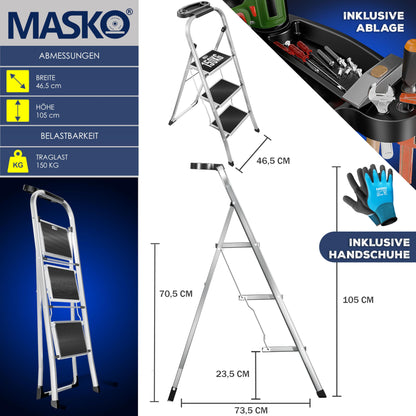 MASKO® Folding Step Ladder 3 Step ladder Step Ladder loadable up to 150 kg | Step Stool Anti-Slip | Folding Step Stool with Gloves, Tool Tray & Automatic Lock, Gray