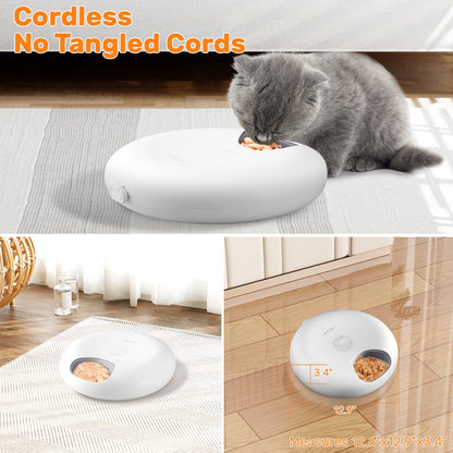 Automatic cat feeder for wet food, 6 meals cat feeder with 2 ice packs, programmable timer, rechargeable cordless automatic pet feeder.