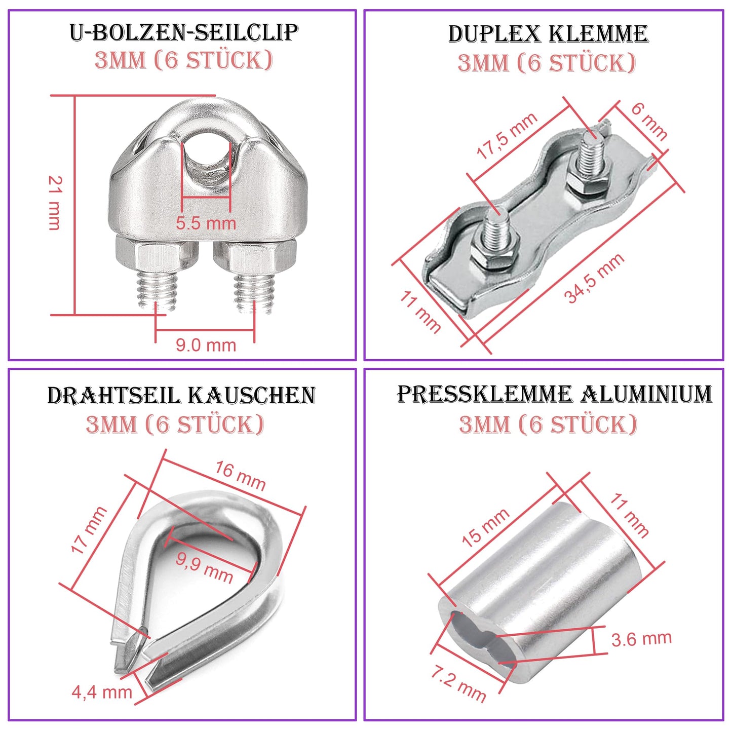 Leaum 30 piece turnbuckle M4 wire tensioner set, with stainless steel turnbuckle M4, 3mm stainless steel wire rope clamp, 3mm wire rope thimble, and 3mm aluminum ferrule for tightening tensioned rope.