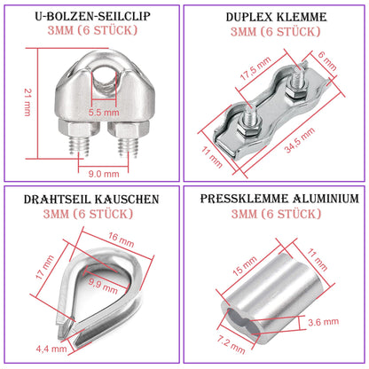Leaum 30 piece turnbuckle M4 wire tensioner set, with stainless steel turnbuckle M4, 3mm stainless steel wire rope clamp, 3mm wire rope thimble, and 3mm aluminum ferrule for tightening tensioned rope.