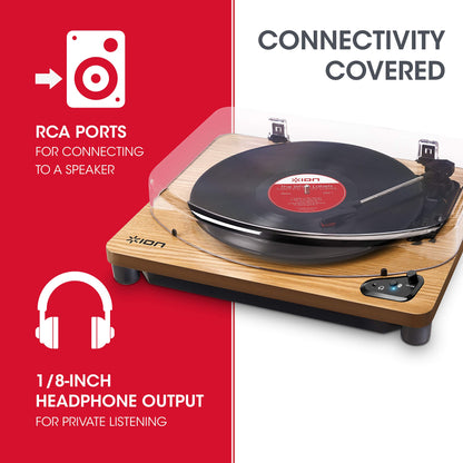 ION Audio Air LP - Vintage USB Bluetooth turntable with three speeds and vinyl to MP3 conversion for Mac/PC, elegant wood finish.
