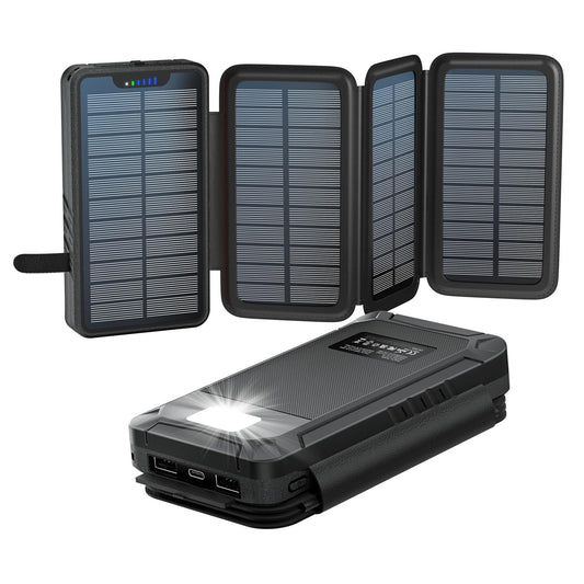 Solar power bank 26800mAh, elzle solar charger with 2 USB-A outputs & 1 USB-C input, outdoor waterproof external battery with 4 solar panels and flashlight for smartphones tablets camping.