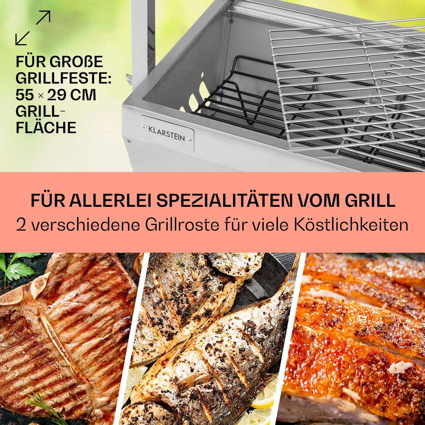 Klarstein 2-in-1 Rotisserie Grill with motor, mini, with rotating spit, electric spit grill for chicken & suckling pig, spit grill with stainless steel grate, charcoal grill with wheels.