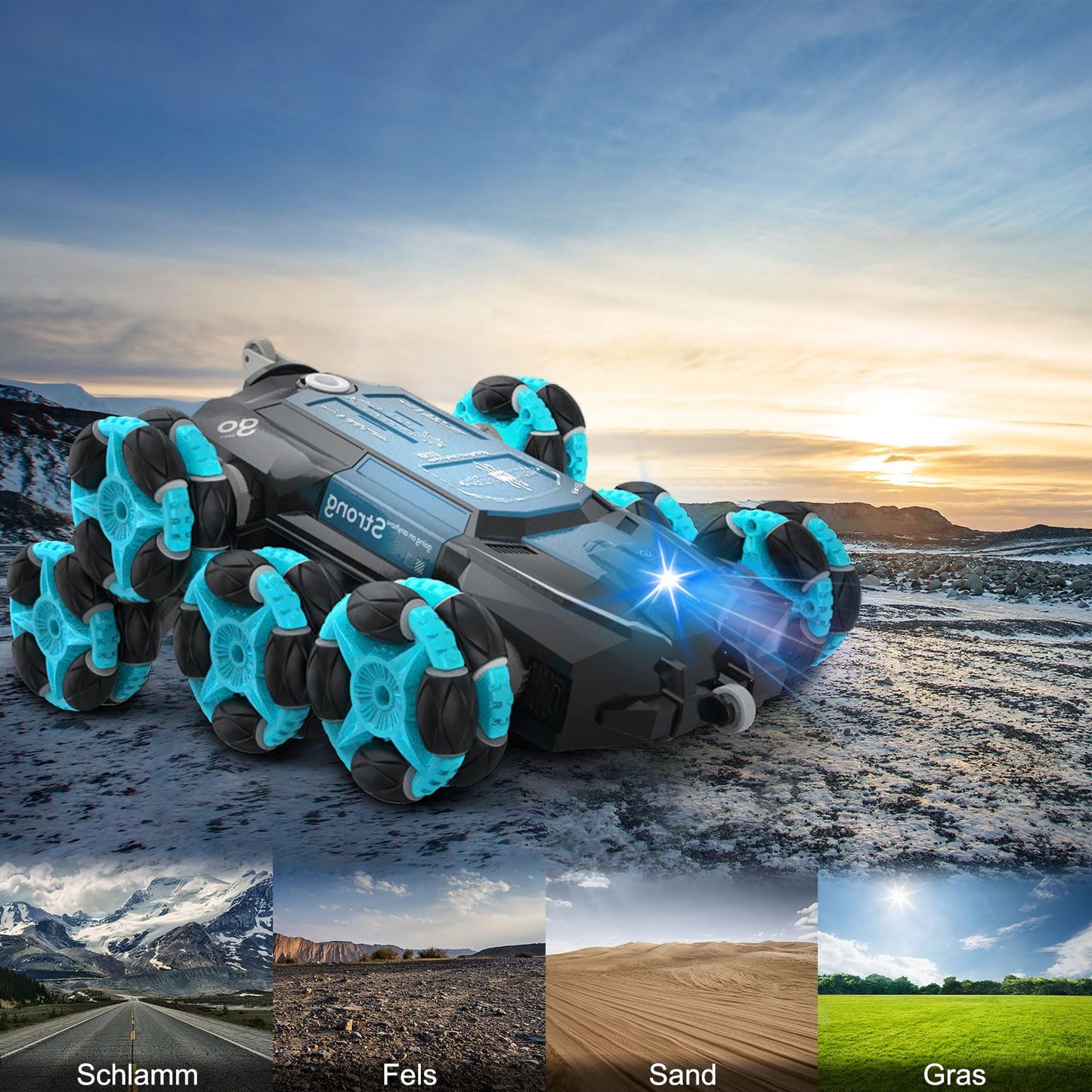 Nauotk Remote Control Car, 2.4 GHz RC Car for 6 7 8 9 10 11 12 years old, 8WD Stunt Drift Car with Gesture Sensor, Cool Lights and Spray Mist, 2 Battery Toys, Kids Robot-Blue