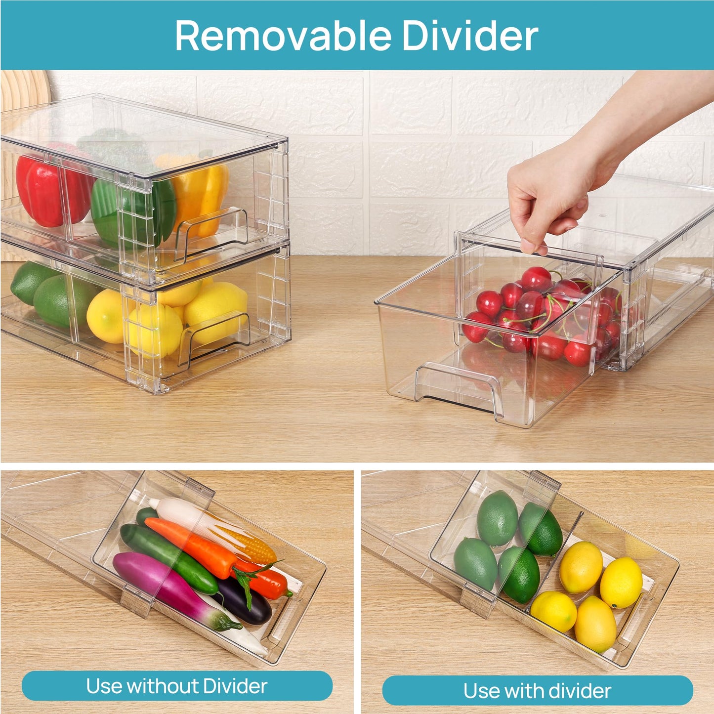 Vtopmart 4 Pieces Stackable Storage Drawers, transparent Acrylic Drawers Organizers with Handles, Storage Organizer for Fridge, Bathroom, Closet, Pantry