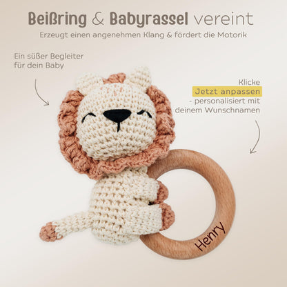 miracle wish® - Personalized Teething Ring Baby - Cute Grasping Toy for Babies from 0 months - Baby rattle with name as baby gift for girls and boys (lion lying down, without name)