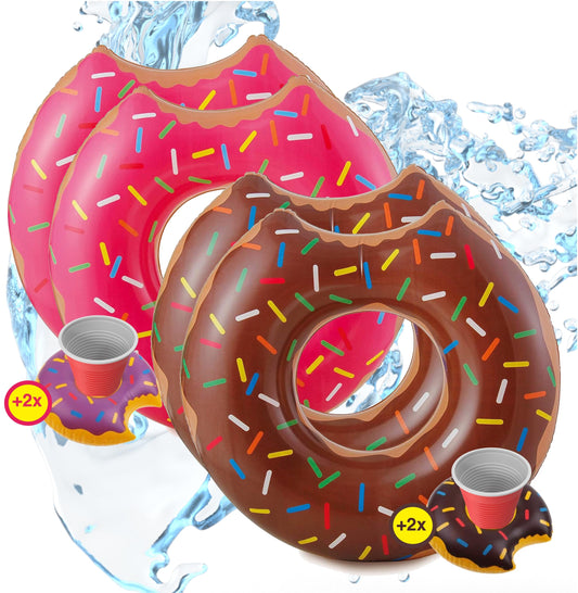 4X XXL Inflatable bitten brown + pink Donut with Bite Swim Ring for Pool, with 4X inflatable drink holders for cocktails, drinks and more.
