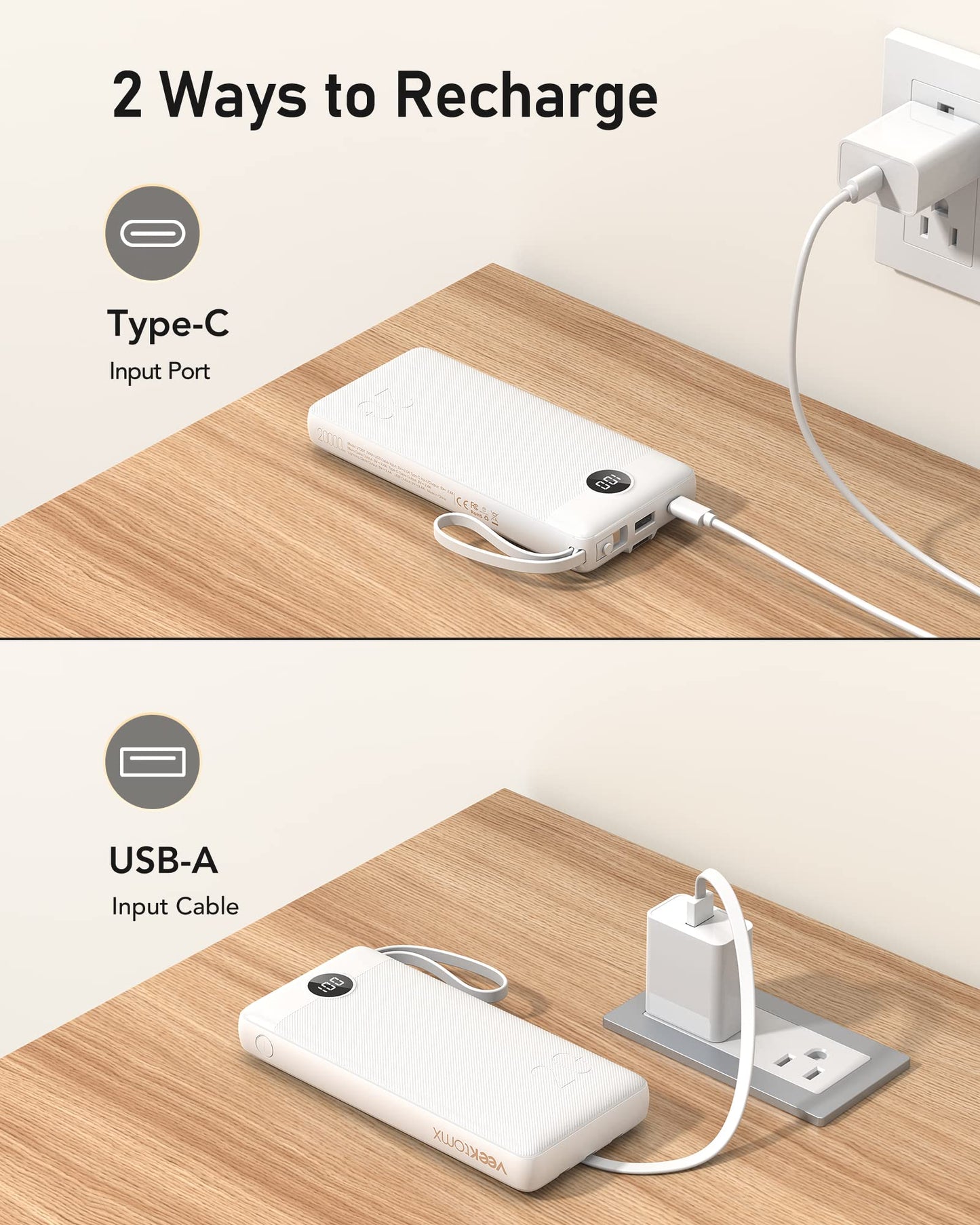 VEEKTOMX Powerbank 20000mAh Power Bank with built-in cables USB C External Portable Phone Chargers with 5 Outputs & 2 Inputs Travel Gadgets Battery Pack Compatible with iPhone, Samsung, Huawei, Xiaomi, iPad