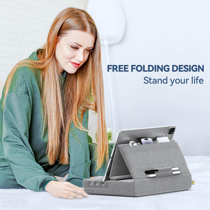 KDD Tablet Holder Pillow, Foldable iPad Stand for Lap Bed Desk - Tablet Soft Pillow Holder with Pocket & Stylus Holder for iPad Pro 12.9 10.5 9.7 Air Mini 6 5 4 E-Reader Gray