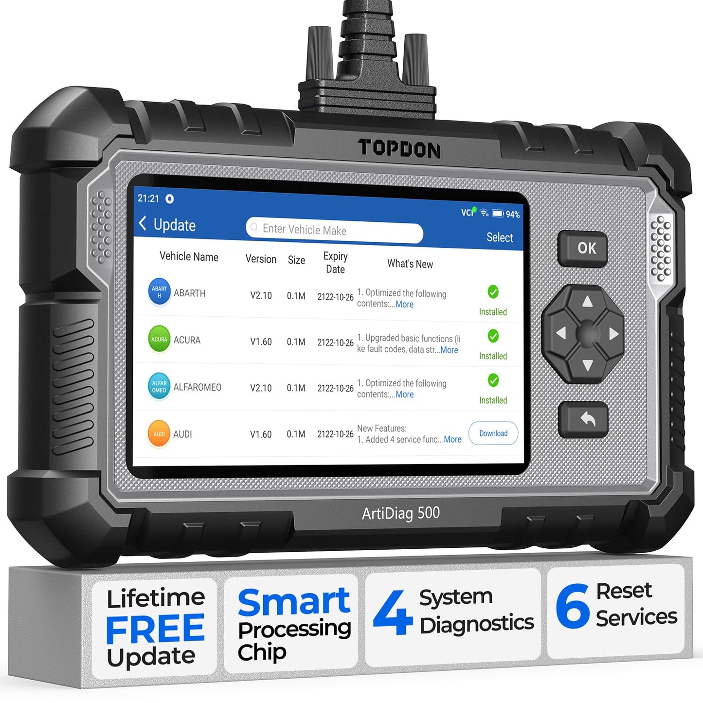 TOPDON OBD2 diagnostic tool ArtiDiag500 for engine/transmission/ABS/SRS, oil reset, steering angle sensor reset, throttle adaptation, free software upgrade, Android 7.0, wired connection.