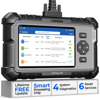 TOPDON OBD2 diagnostic tool ArtiDiag500 for engine/transmission/ABS/SRS, oil reset, steering angle sensor reset, throttle adaptation, free software upgrade, Android 7.0, wired connection.