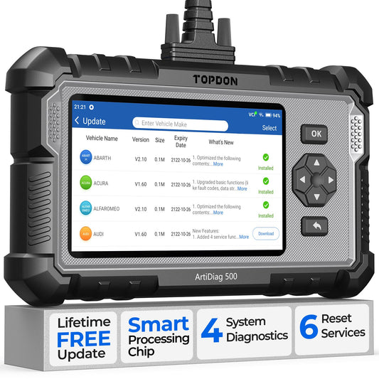 TOPDON OBD2 diagnostic tool ArtiDiag500 for engine/transmission/ABS/SRS, oil reset, steering angle sensor reset, throttle adaptation, free software upgrade, Android 7.0, wired connection.