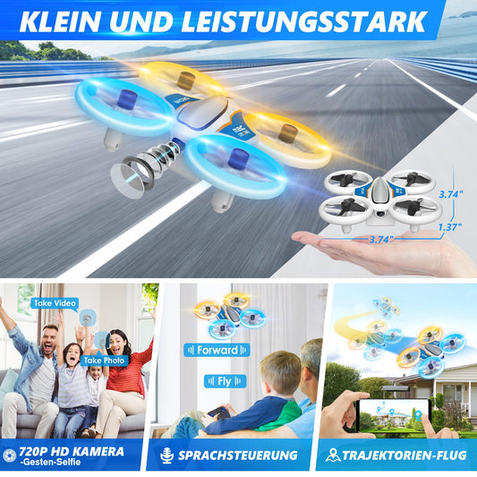 Mini drone with 720P HD camera for kids, RC drone with LED lights, 3D flips, headless mode, and 3 batteries, 21 min long flight time, toy drone helicopter for kids and beginners, orange.