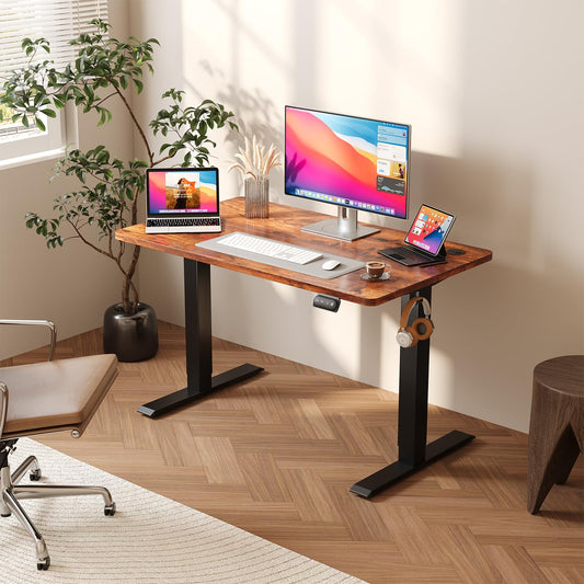 JUMMICO Adjustable Height Standing Desk Electric Standing Desk with Memory Function 140 x 60 cm, Brown.