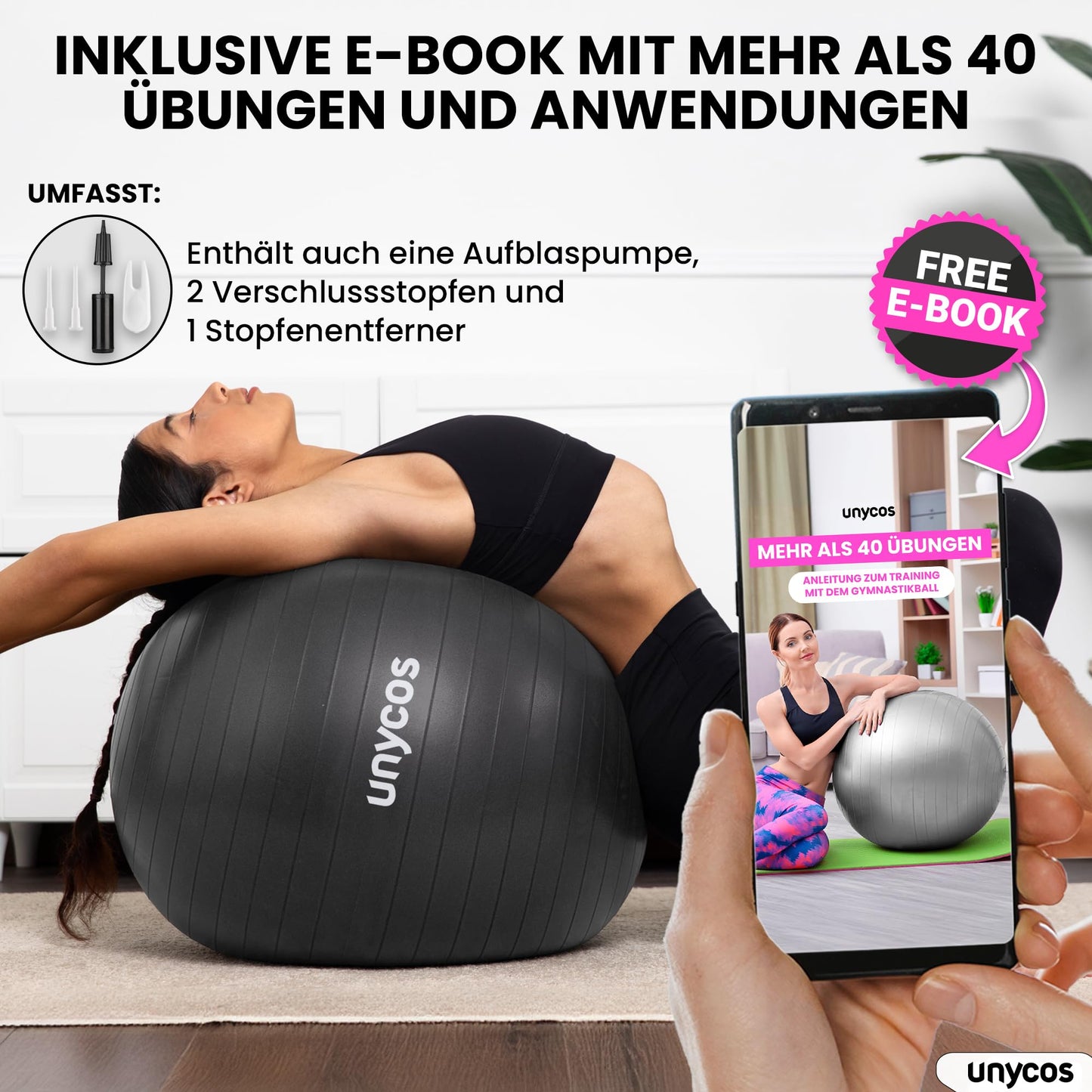 unycos - Exercise ball 65 cm stability ball training ball for yoga, fitness, medicine ball, balance ball, core training strength, Pilates ball | Incl. pump, BPA-free, anti-burst (grey with logo)