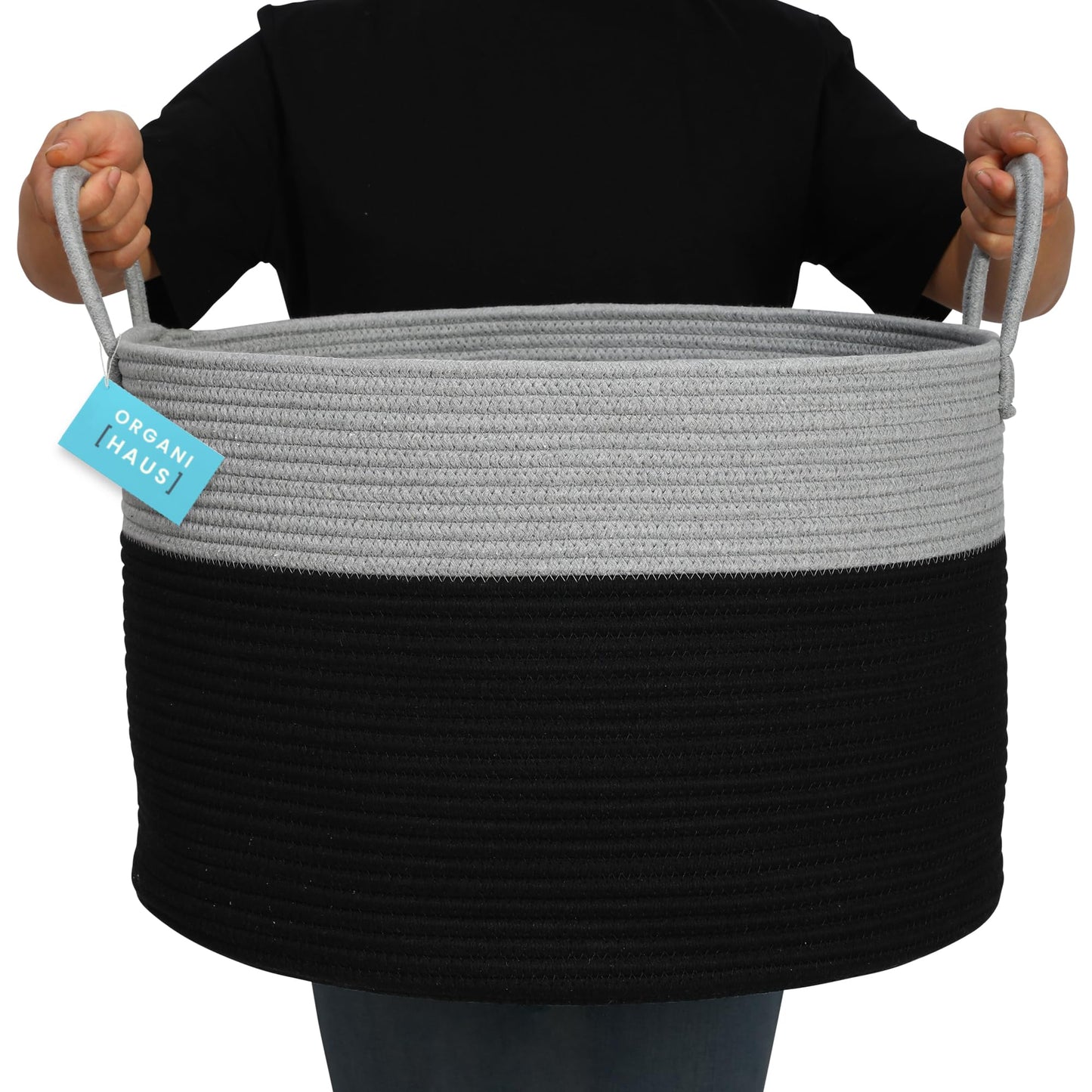OrganiHaus Large woven storage basket made of cotton with handles, toy basket for kids' room, laundry basket for blankets, pillows, clothes, handwoven basket for living room - 50x33 cm, Black/Gray