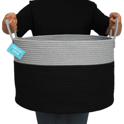 OrganiHaus Large woven storage basket made of cotton with handles, toy basket for kids' room, laundry basket for blankets, pillows, clothes, handwoven basket for living room - 50x33 cm, Black/Gray