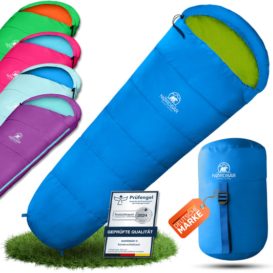 NORDBÄR® Kids Sleeping Bag for boys & girls up to 145cm height | 100% cotton lining | Mummy style bag, light & warm | Children's outdoor sleeping bag [1200g]