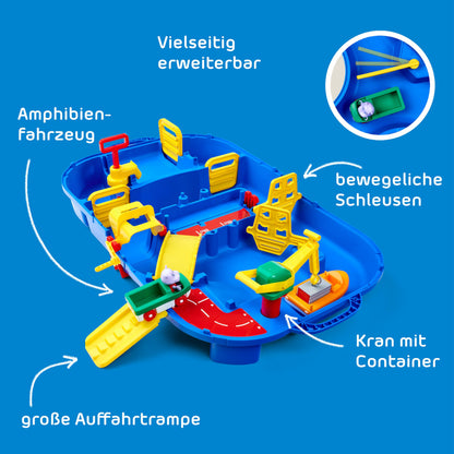 AquaPlay - LockBox - Waterway as a carrying case with 27 pieces, game set including 1 Hippo Wilma, amphibious car, and container boat, for children aged 3 and up, 8700001516, Blue