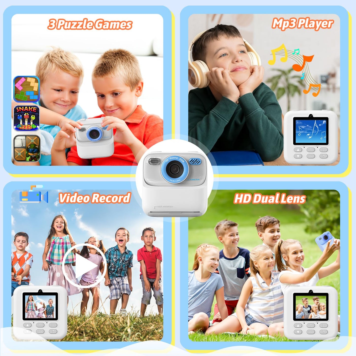 Upgrade kids camera instant print for boys and girls, 1080P HD dual-lens selfie digital camera with printing paper & 32G card, Christmas birthday gifts toy for toddlers and teens.