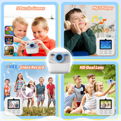Upgrade kids camera instant print for boys and girls, 1080P HD dual-lens selfie digital camera with printing paper & 32G card, Christmas birthday gifts toy for toddlers and teens.