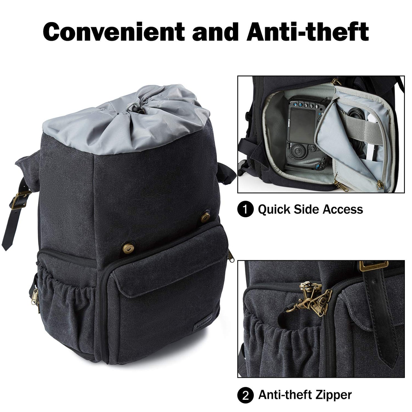 Bagsmart camera backpack for DSLR with canvas material, theft-proof and water repellent design. Fits 15 inch laptop, camera, lenses, accessories, and tripod. Includes rain cover.