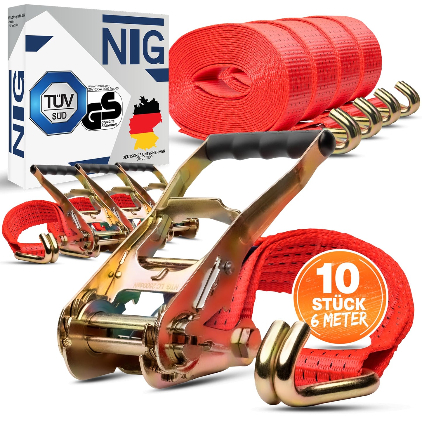 10 pieces | Tie-down straps | Lashing straps | 6m | 5t (2500/5000 daN, KG) Two-piece | 50mm | with ratchet and hooks | Ratchet straps | TÜV/GS approved
