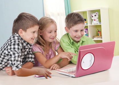 Vtech Genio Learning Laptop in pink - a learning computer with internet access, text program, and educational content on letters, words, math, logic, and more - for children aged 5-12 years.