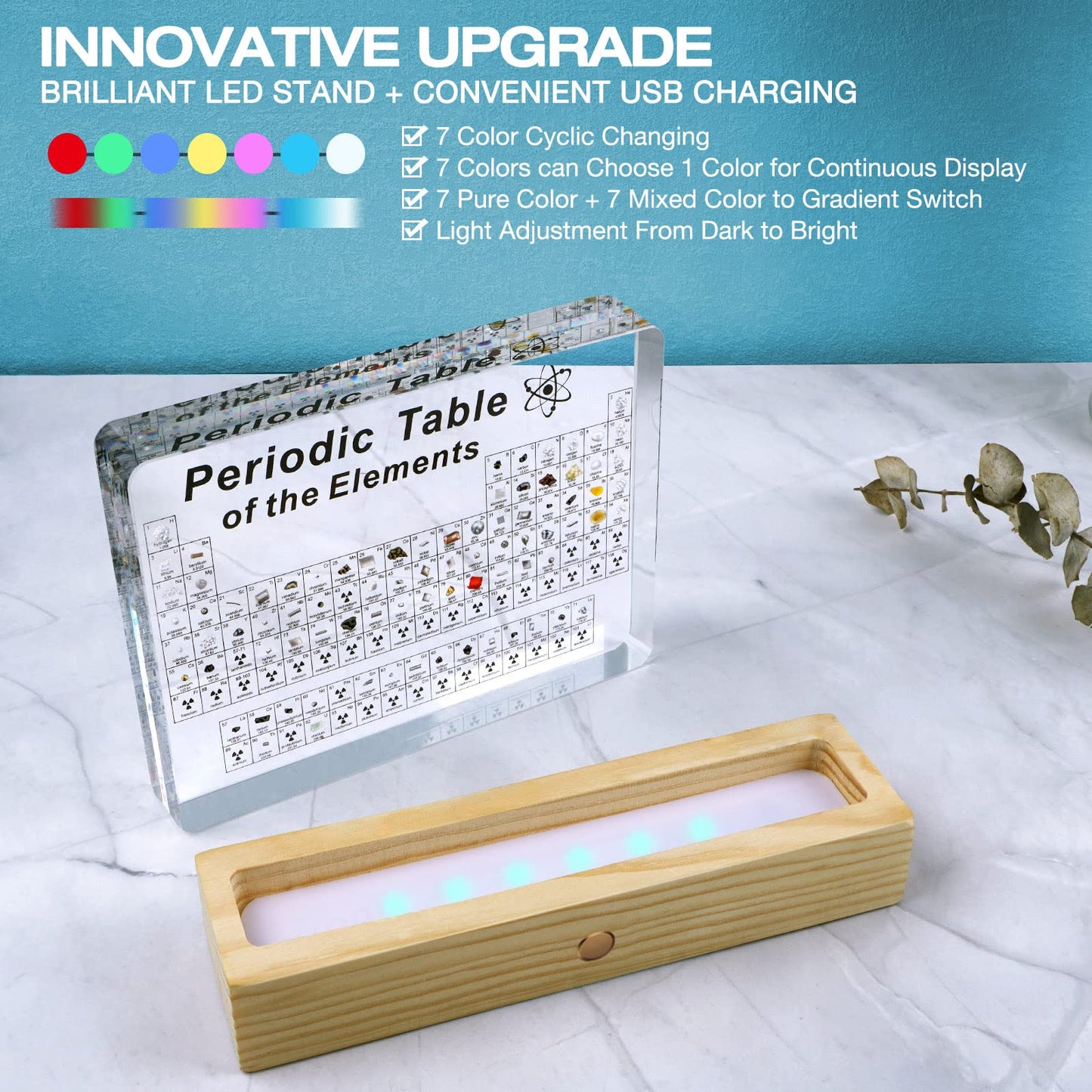 Jeebel Periodic Table of Real Elements, LED acrylic periodic table lamp with 83 real element samples, a great educational tool for crafting and creative gift for students, teachers, and children.